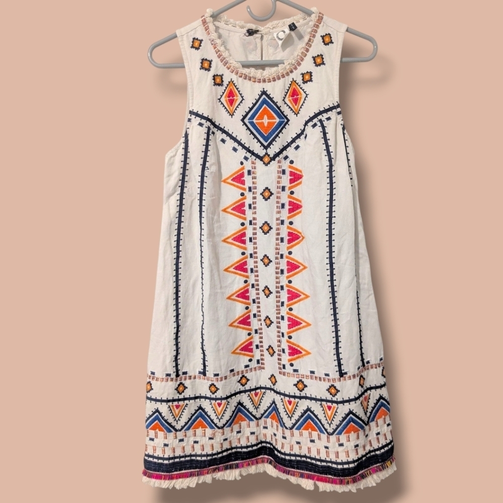 Anthropologie White Geometric Embroidered Fringe Sleeveless Shift Dress Bohemian
